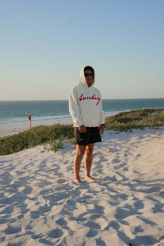 Male wearing sunglasses and vanilla coloured hoodie, standing, admiring the sunset at a beach