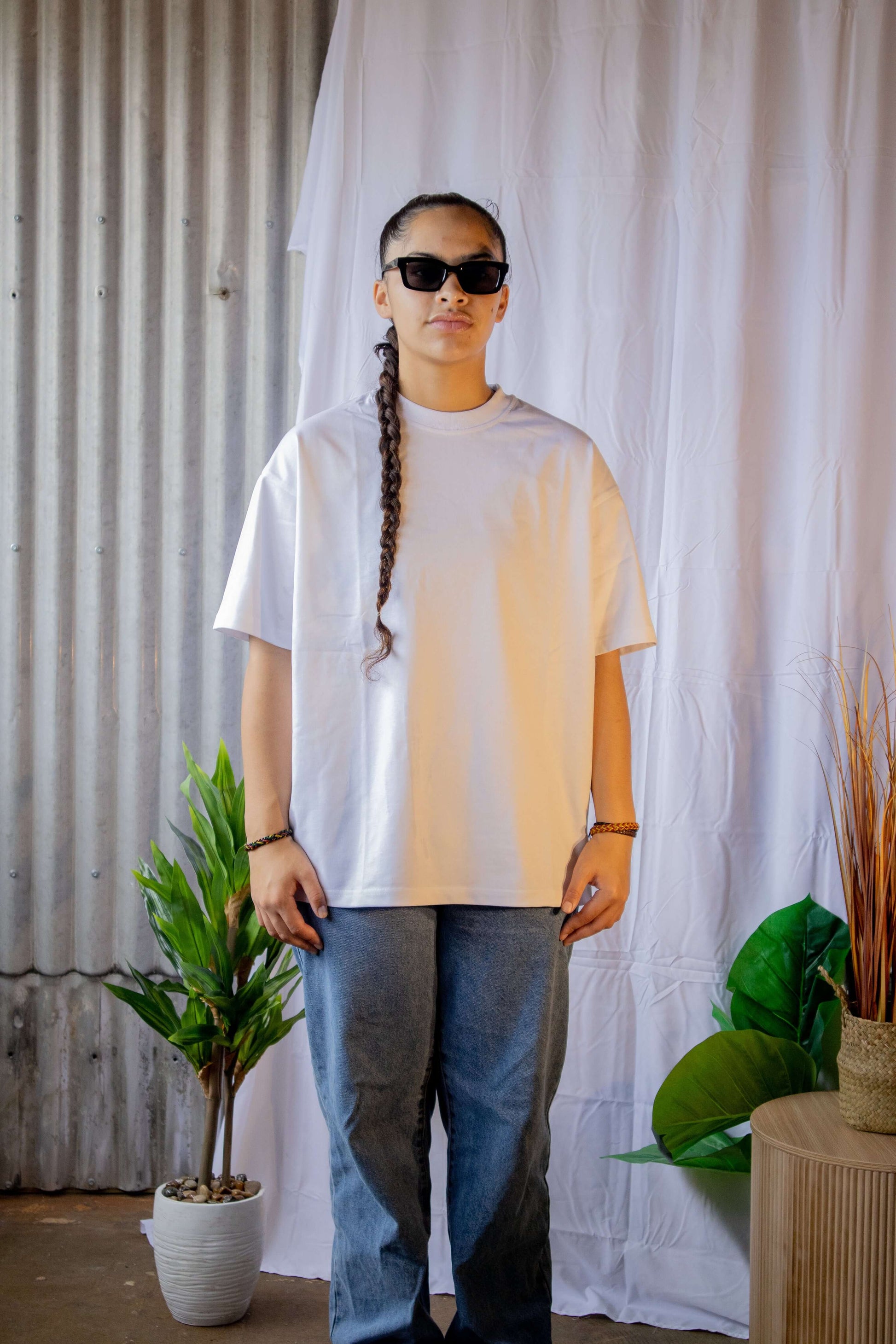 Female wearing blank front white coloured ThreeFive T-shirt